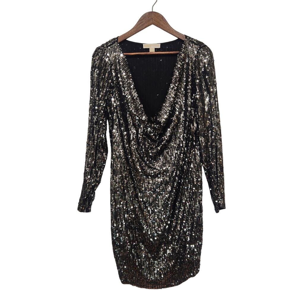 Michael Kors Sequin Long Sleeve MiniDress Black Silver Cowl Neck Sz L Glam Disco